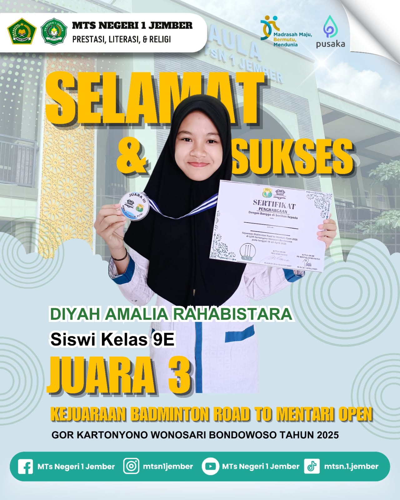 DIYAH AMALIA, JUARA 3 TUNGGAL PUTRI BULUTANGKIS ROAD TO MENTARI OPEN 2025